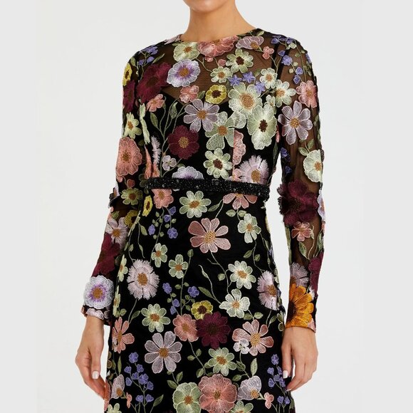 $598 Mac Duggal Womens High Neck Black Floral Embroidery Long Sleeve Midi Dress - Picture 5 of 6